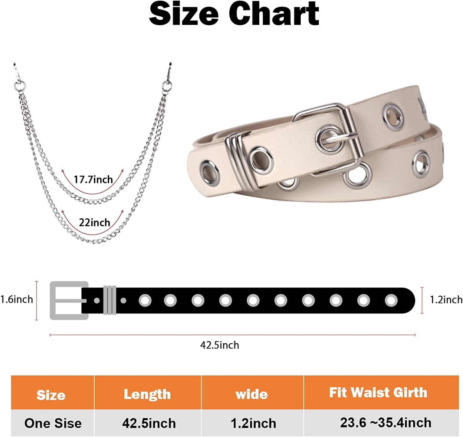 FIORETTO Grommet Leather Belt with Detachable Chain Women Men Punk Rock Waist Belts for Jeans Pants Apparel & Accessories > Clothing Accessories > Belts FIORETTO   