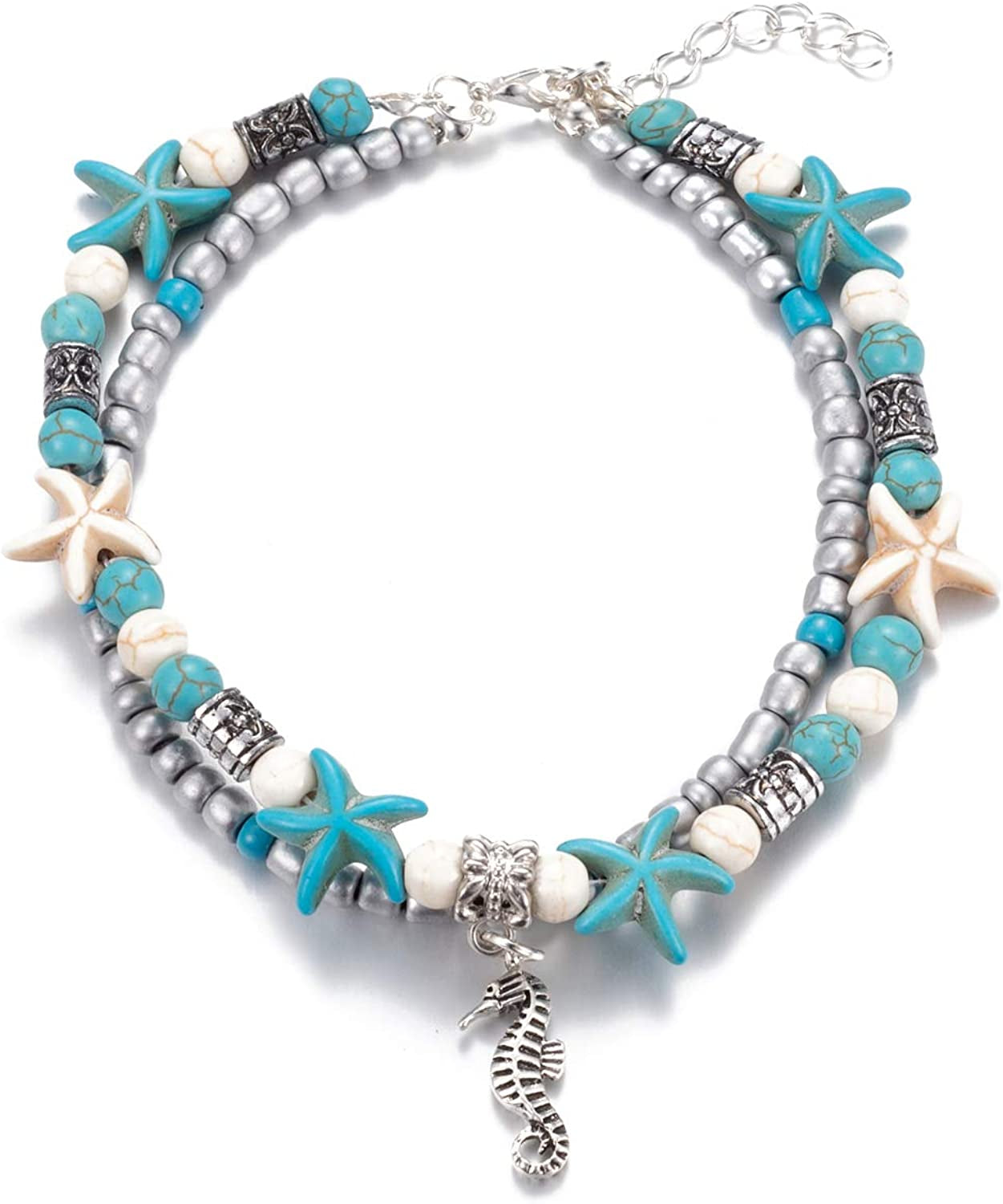 Softones Blue Starfish Turtle Anklet Multilayer Charm Beads Sea Handmade Boho Anklet Foot Jewelry for Women Girl Apparel & Accessories > Jewelry > Anklets Softones M:Sea Horse  