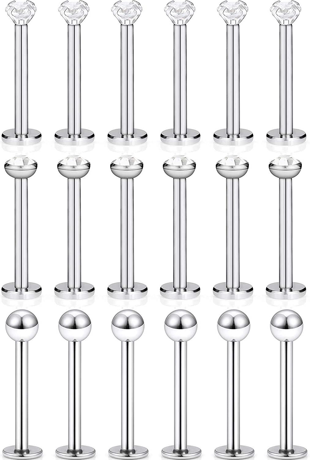 SCERRING 18PCS 16G Stainless Steel Clear Cubic Zirconia Labret Monroe Lip Tragus Cartilage Helix Earring Ring Body Piercing Jewelry 6Mm 8Mm 10Mm Apparel & Accessories > Jewelry > Body Jewelry SCERRING 10mm Silver  