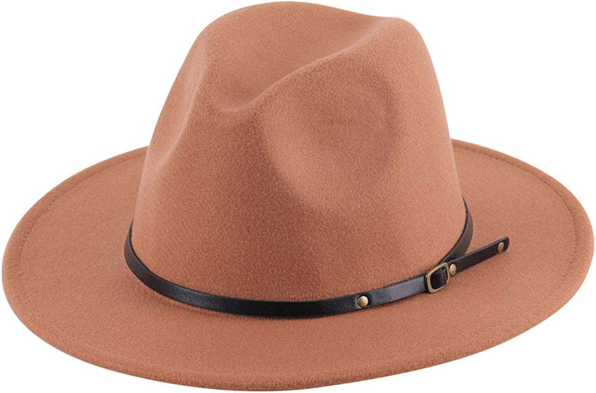 Lanzom Women Lady Retro Wide Brim Floppy Panama Hat Belt Buckle Wool Fedora Hat Apparel & Accessories > Clothing Accessories > Hats Lanzom Khaki One Size 