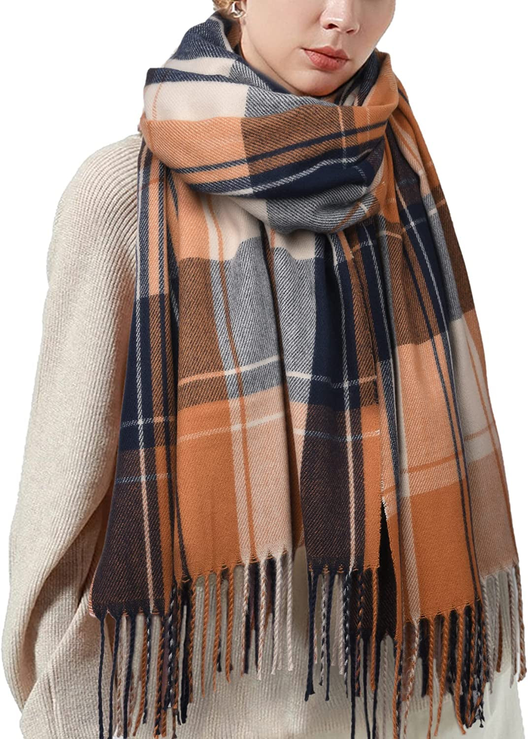 Winter Scarf for Women Shawl Cashmere Feel Tassel Plaid Large Oversized Scarves Wraps Apparel & Accessories > Clothing Accessories > Scarves & Shawls KYLIE MAX Beige Orange  