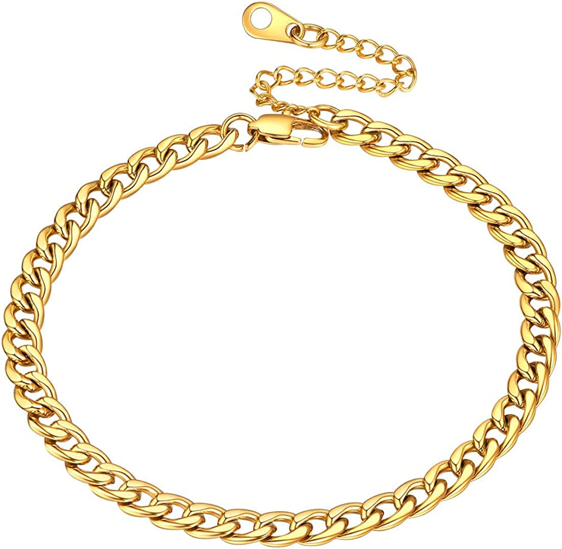 Women Girls Barefoot Jewelry 18K Gold or Rose Gold Stainless Steel Heart / Rope / Figaro / Cuban Chain Anklet Foot Bracelet, 25-30 CM Long Apparel & Accessories > Jewelry > Anklets U7 Jewelry 02. gold-5mm curb chain  