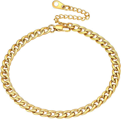 Women Girls Barefoot Jewelry 18K Gold or Rose Gold Stainless Steel Heart / Rope / Figaro / Cuban Chain Anklet Foot Bracelet, 25-30 CM Long Apparel & Accessories > Jewelry > Anklets U7 Jewelry 02. gold-5mm curb chain  