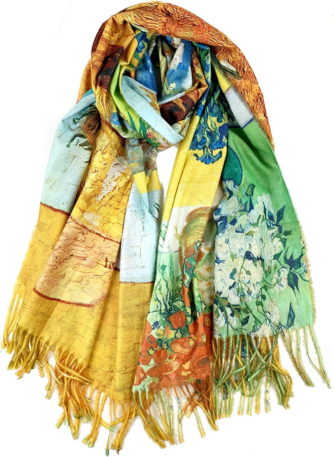 Plum Feathers Super Soft Cashmere Feel Double Sided Reversible Art Shawl Scarf Van Gogh Monet Klimt Inspired Apparel & Accessories > Clothing Accessories > Scarves & Shawls Plum Feathers Iconic Sunflowers Flower Pot  