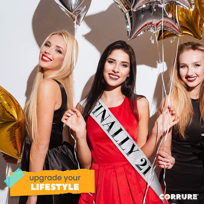 CORRURE 'Finally 21' Birthday Sash with Glitter - Silver Sash with Black Foil 21St Birthday Sash for Men and Women - Ideal Twenty One Sash Party Favors Supplies and Decorations for Your 21 Bday Party Apparel & Accessories > Clothing Accessories > Sashes CORRURE   