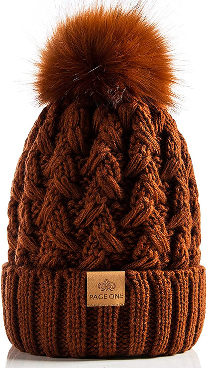 PAGE ONE Womens Winter Ribbed Beanie Crossed Cap Chunky Cable Knit Pompom Soft Warm Hat Apparel & Accessories > Clothing Accessories > Hats PAGE ONE Brown  
