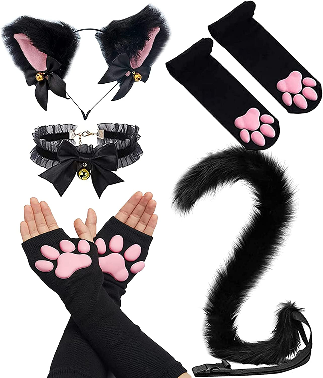 Cute Cat Paw Mittens Gloves, Kawaii Cat Cosplay Kawaii Soft 3D Toes Beans Fingerless Cat Claw Paws Pad Sleeve Apparel & Accessories > Clothing Accessories > Gloves & Mittens HOMEGYMFREE 5 Pcs Black  