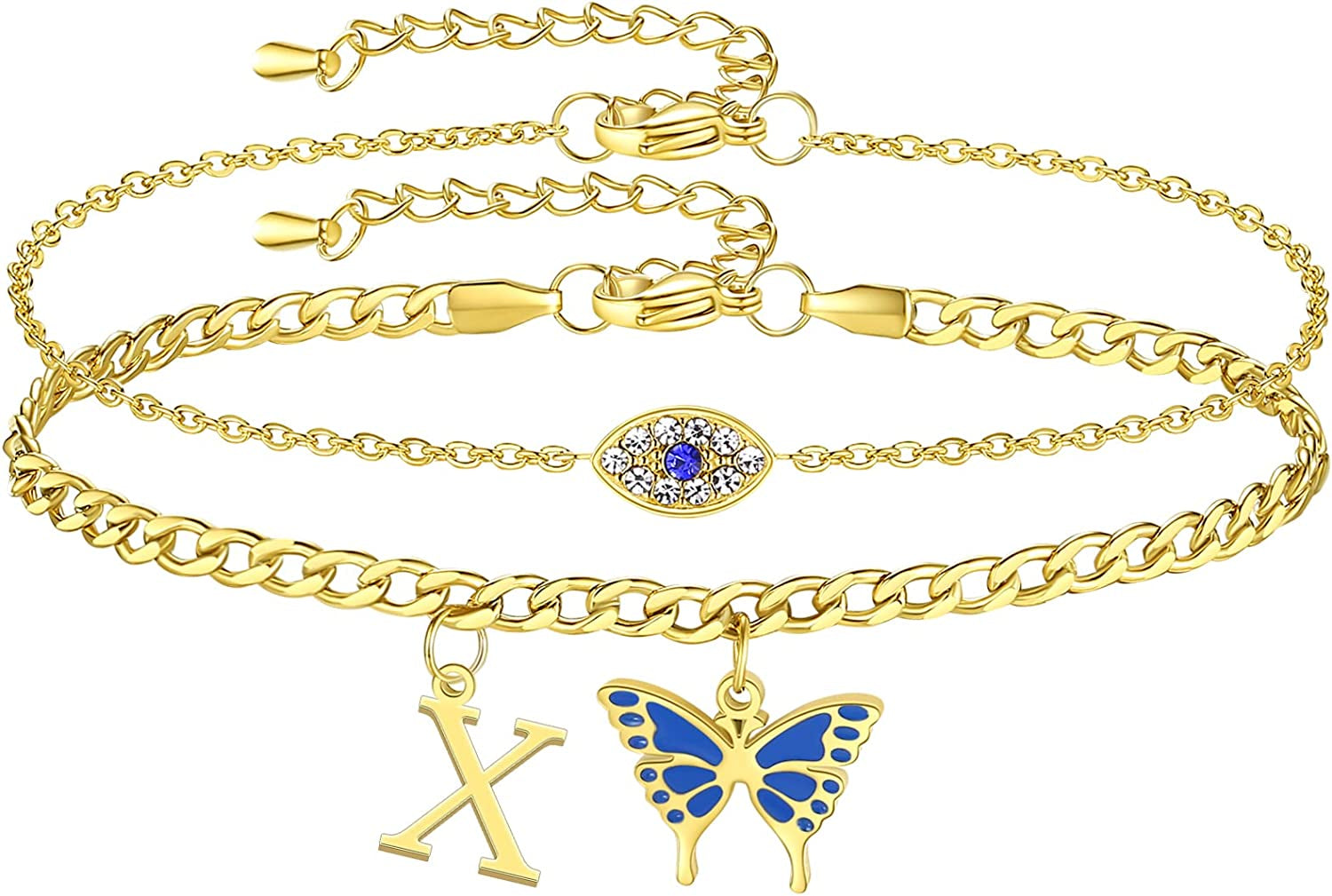 SAM & LORI 2 Pcs Anklets Set 18K Gold Plated Dainty Layered Personalized Initial Anklets Bracelets - Blue Butterfly - Sparkling CZ Evil Eye - Adjustable Summer Jewelry for Women Teen Girls Apparel & Accessories > Jewelry > Anklets SAM & LORI "Butterfly Evil Eye - X  