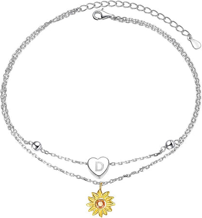 Sterling Silver Layered Chain Alphabet Letter Initial with Sunflower Beads Foot Bracelet Anklet for Women Apparel & Accessories > Jewelry > Anklets ATHENAA Jewelry Factory D  