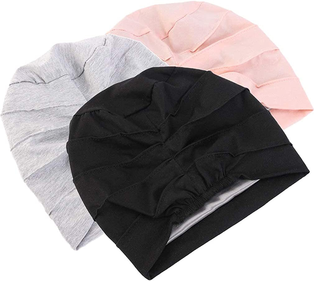 Ever Fairy 3 Colors Chemo Cancer Head Scarf Hat Cap Ethnic Cloth Print Turban Headwear Women Women'S Ruffle Beanie Scarf (Black+Gray+Pink) Apparel & Accessories > Clothing Accessories > Headwear Ever Fairy   