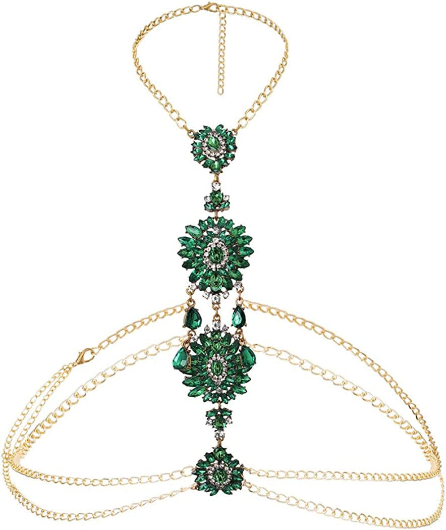 ELABEST Boho Rhinestone Statement Chest Chain Crystal Necklace Body Chain Summer Beach Body Jewelry Accessories for Women and Girls Apparel & Accessories > Jewelry > Body Jewelry ELABEST Green  