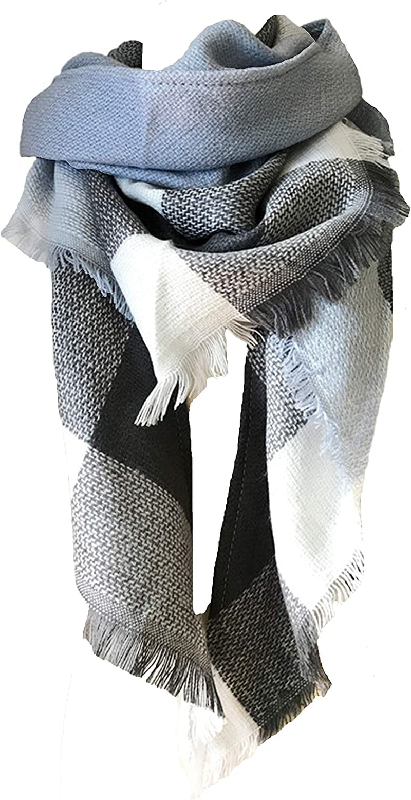 Wander Agio Womens Warm Long Shawl Winter Wraps Large Scarves Knit Cashmere Feel Plaid Triangle Scarf Apparel & Accessories > Clothing Accessories > Scarves & Shawls Wander Agio Grey Light Blue 28  