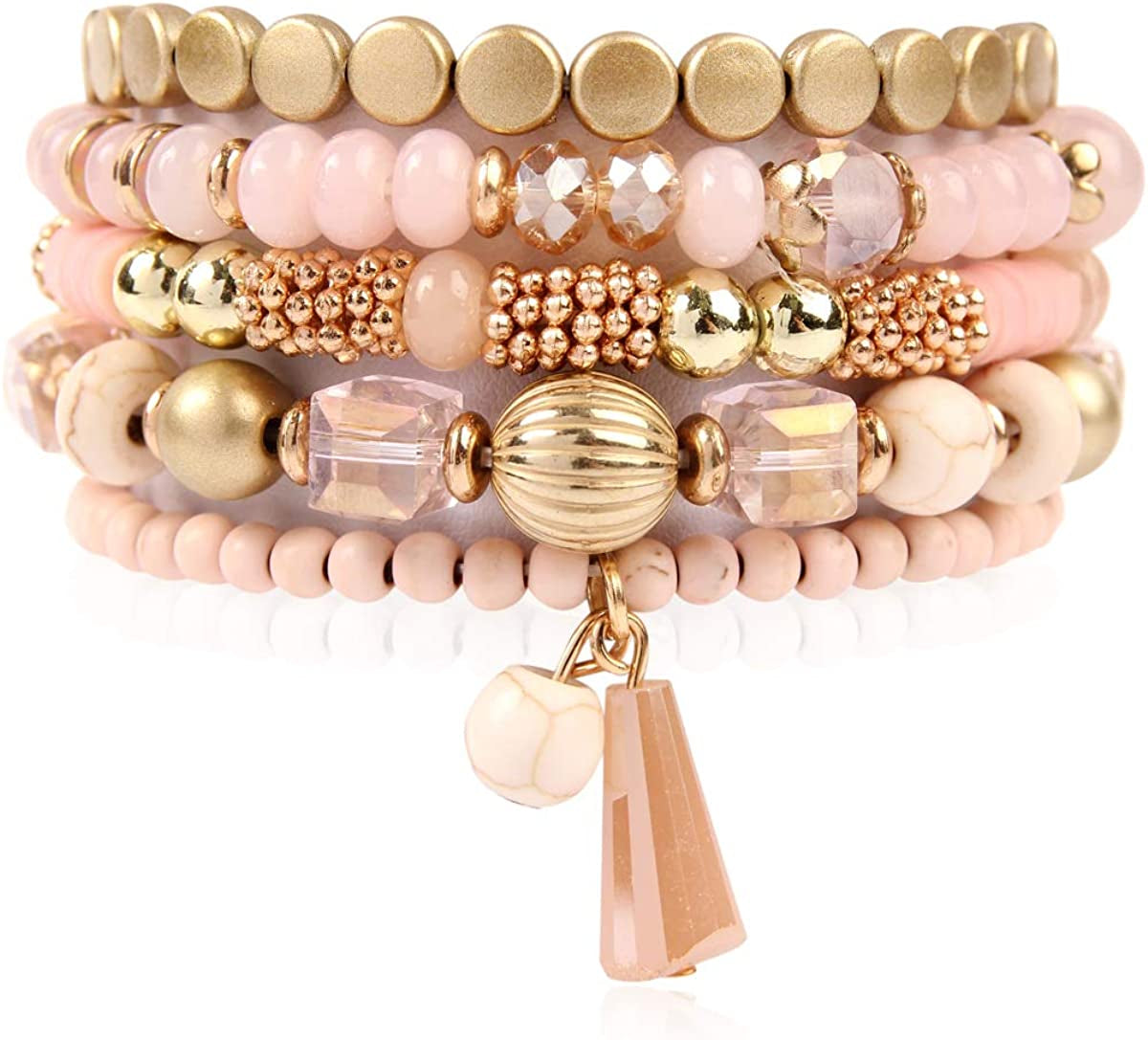 Bohemian Mix Bead Multi Layer Versatile Statement Bracelets - Stackable Beaded Strand Stretch Bangles Sparkly Crystal, Tassel Charm Apparel & Accessories > Jewelry > Bracelets RIAH FASHION Pink  
