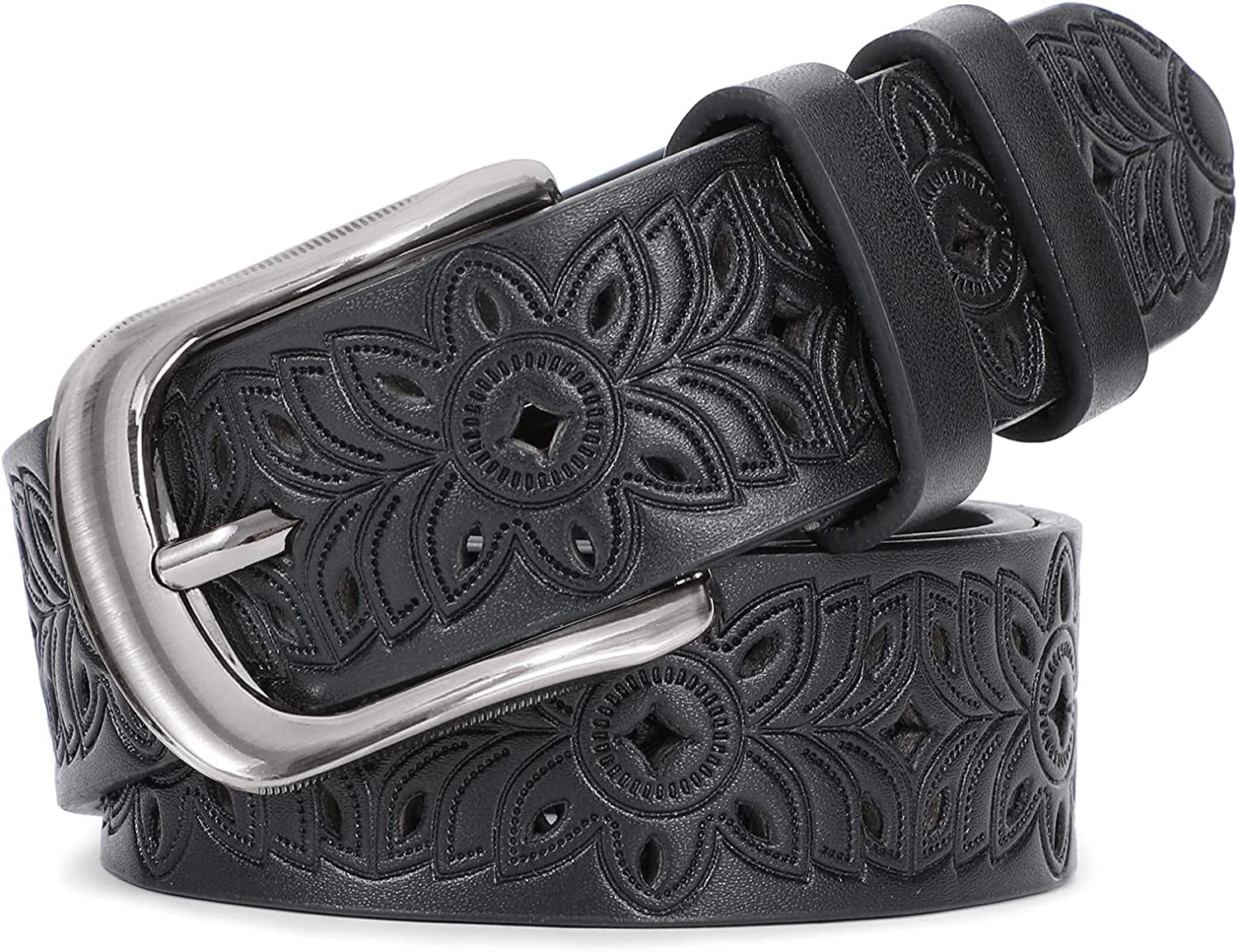 JASGOOD Hollow Leather Belt for Women, Wide Leather Belt for Jeans Pants with Pin Buckle Apparel & Accessories > Clothing Accessories > Belts KYLIE MAX A-black Fit for waist size 39"-45" 