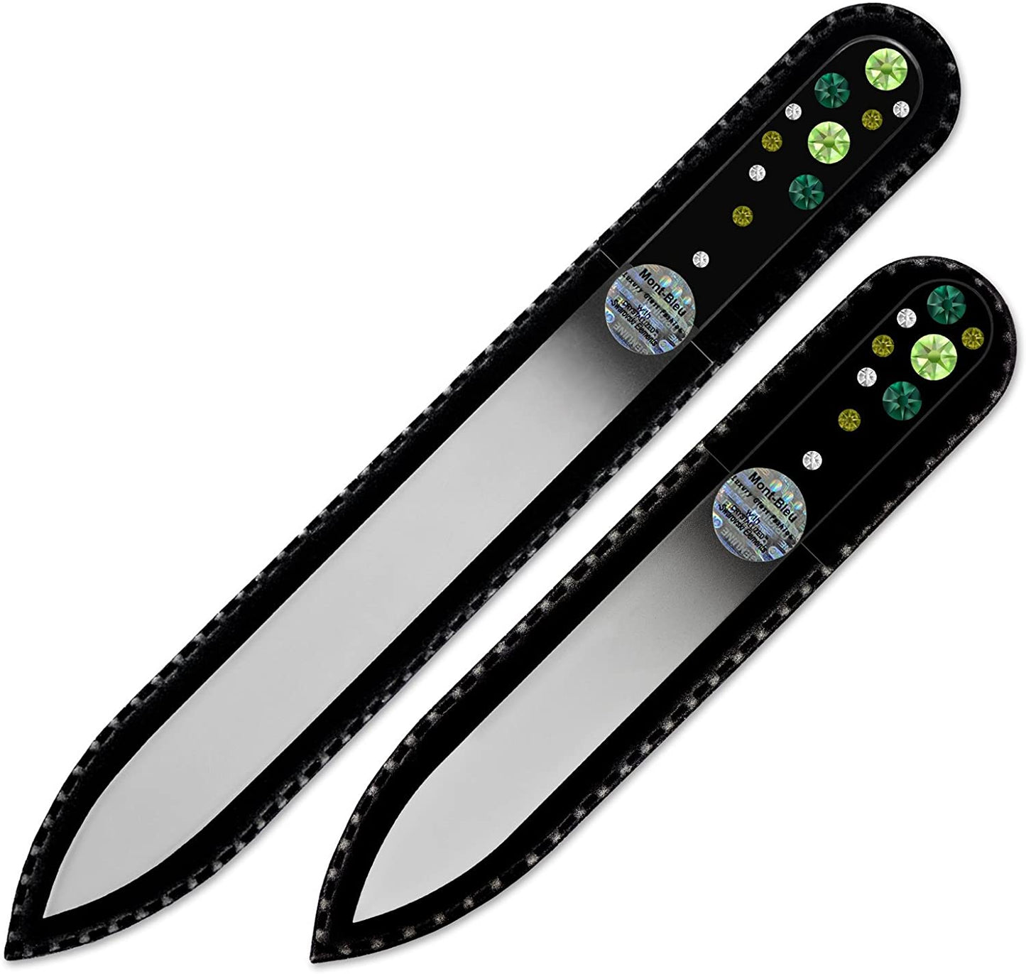 Gifts for Girlfriend - Mont Bleu Premium Set of 2 Glass Nail Files Hand Decorated with Crystals - Genuine Czech Tempered Glass - Nail Supplies - Crystal Nail Files for Manicure Tool Kit Health & Beauty > Personal Care > Cosmetics > Cosmetic Tools > Nail Tools Mont Bleu Peridot - Emerald  
