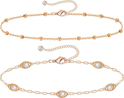 Gold Ankle Bracelets for Women 14K Gold Plated Anklet Silver Tennis Rose Quartz Cross Bead Herringbone Snake Paperclip Chain Cubic Zirconia Dainty Layered Anklet Set 3Pcs Apparel & Accessories > Jewelry > Anklets WeSparking ZB-Rose Gold-Evil Eye  