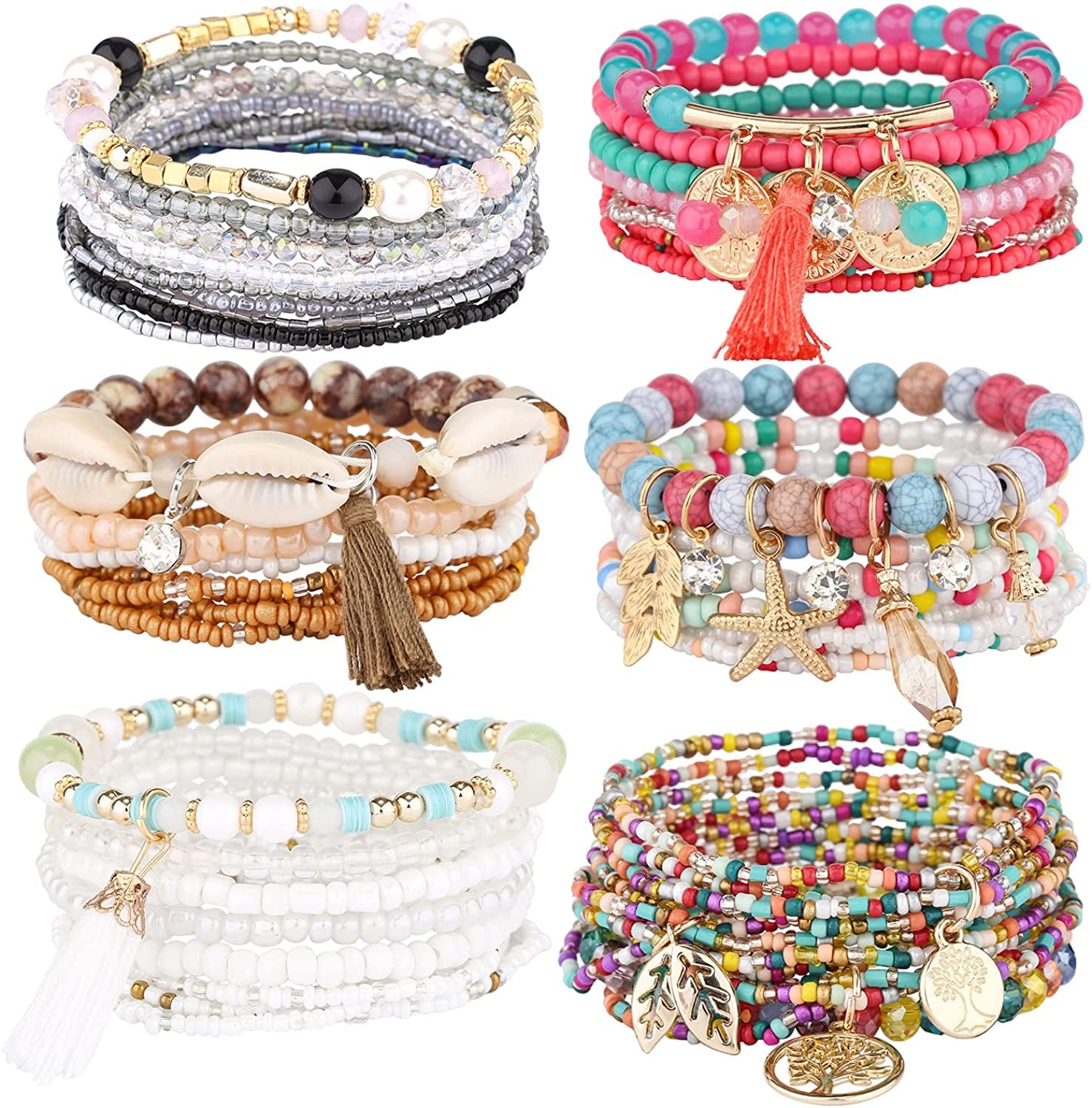 Iyours 6 Sets Bohemian Multilayer Tassels Bracelet Handmade Wrap Bracelets Bangle Jewelry Bracelets for Women Apparel & Accessories > Jewelry > Bracelets iYours 6PCS-A  
