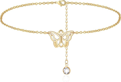 Turandoss Dainty Ankle Bracelets for Women, 14K Gold Filled Handmade Layered Anklet Cute Butterfly Evil Eye Elephant Star Summer Ankle Bracelets for Women Boho Beach Foot Chain Apparel & Accessories > Jewelry > Anklets Turandoss "Butterfly"  