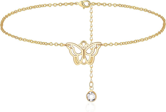 Turandoss Dainty Ankle Bracelets for Women, 14K Gold Filled Handmade Layered Anklet Cute Butterfly Evil Eye Elephant Star Summer Ankle Bracelets for Women Boho Beach Foot Chain Apparel & Accessories > Jewelry > Anklets Turandoss "Butterfly"  