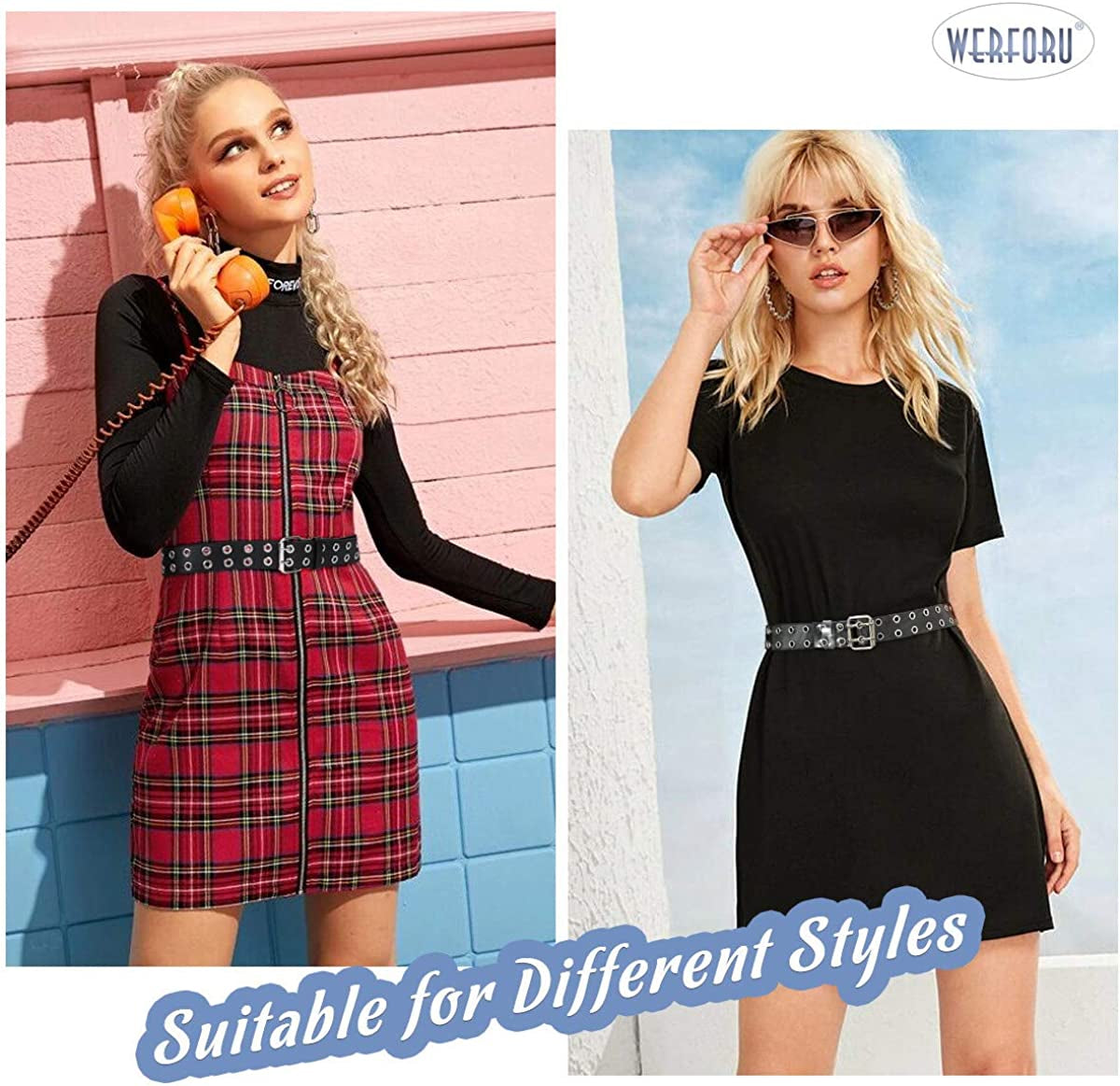 WERFORU 2 Pack Double Grommet Belt PU Leather Punk Belt for Women Jeans Apparel & Accessories > Clothing Accessories > Belts WERFORU   