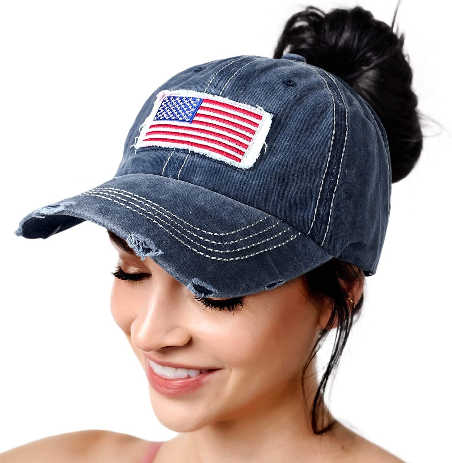 Lvaiz Womens Distressed Baseball Cap Mens Mesh Back Sport Hat Versatile Washed Dad Hat with Ponytail Hole Apparel & Accessories > Clothing Accessories > Hats Lvaiz Flag Navy Blue One Size 