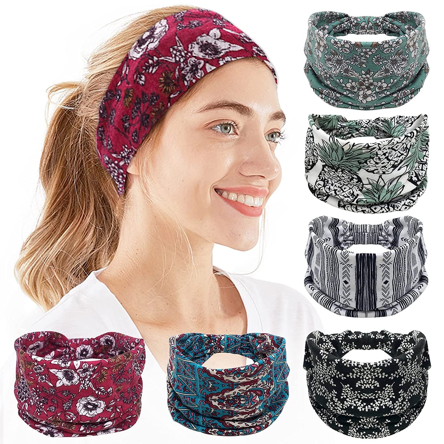 Headbands for Women, 6 PCS Yoga Running Sports Headbands Tie Dye Boho Pattern Elastic Non Slip Sweat Workout Hair Fashion Bands for Girls Apparel & Accessories > Clothing Accessories > Bandanas & Headties OFFTESTY Headbands Color-7  