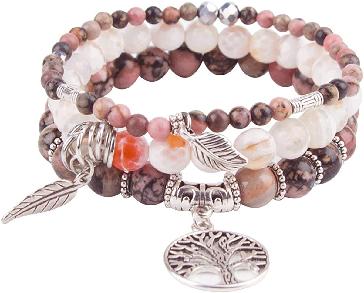 Tree of Life Turquoise Jasper & Tibetan Agate Gemstone Chakra Beaded Bracelet | Beach Charm Bracelet Set - Ocean Jewelry…… Apparel & Accessories > Jewelry > Bracelets Jardme Pink Black Rhodonite  
