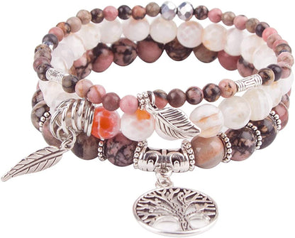 Tree of Life Turquoise Jasper & Tibetan Agate Gemstone Chakra Beaded Bracelet | Beach Charm Bracelet Set - Ocean Jewelry…… Apparel & Accessories > Jewelry > Bracelets Jardme Pink Black Rhodonite  