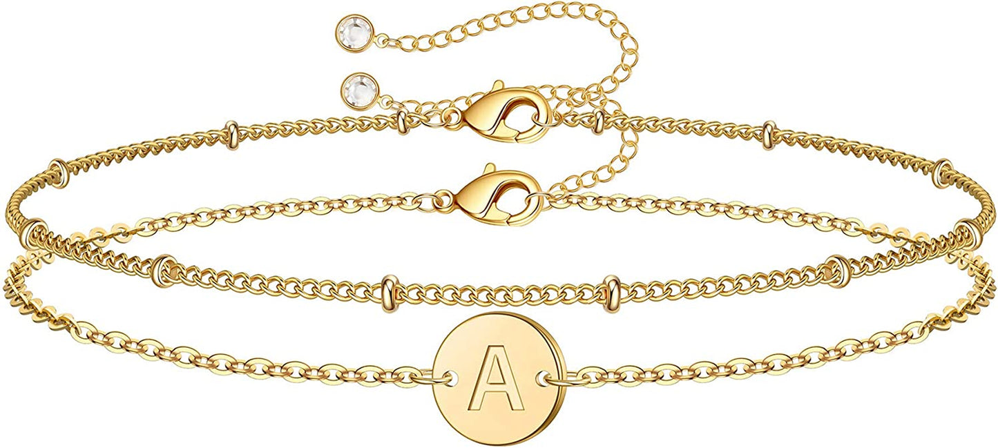 MONOZO Gold Initial Bracelets for Women, Dainty 14K Gold Filled Layered Beaded Letter Initial Bracelet Personalized 26 Alphabet Disc Monogram Charm Bracelet Jewelry Gifts for Girls Apparel & Accessories > Jewelry > Bracelets MONOZO A  