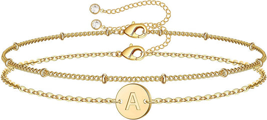 MONOZO Gold Initial Bracelets for Women, Dainty 14K Gold Filled Layered Beaded Letter Initial Bracelet Personalized 26 Alphabet Disc Monogram Charm Bracelet Jewelry Gifts for Girls Apparel & Accessories > Jewelry > Bracelets MONOZO A  