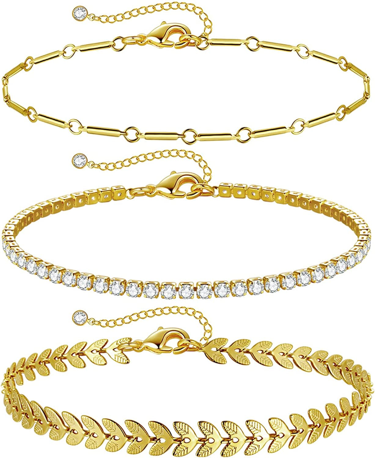 HAXIYA Ankle Bracelets for Women, 14K Gold Plated Adjust Beach Anklet, Cuban Link Chain, Beaded Anklet, Diamond Anklet, Figaro Chain, Water Proof for Summer Apparel & Accessories > Jewelry > Anklets HAXIYA Fishbone-3  