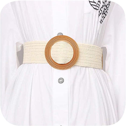 Women Skinny Dress Belt, Fashion Straw Woven Elastic Stretch Waist Band Wood Buckle Belt Apparel & Accessories > Clothing Accessories > Belts YUCFOREN Type 2-sand Waist below 45" 