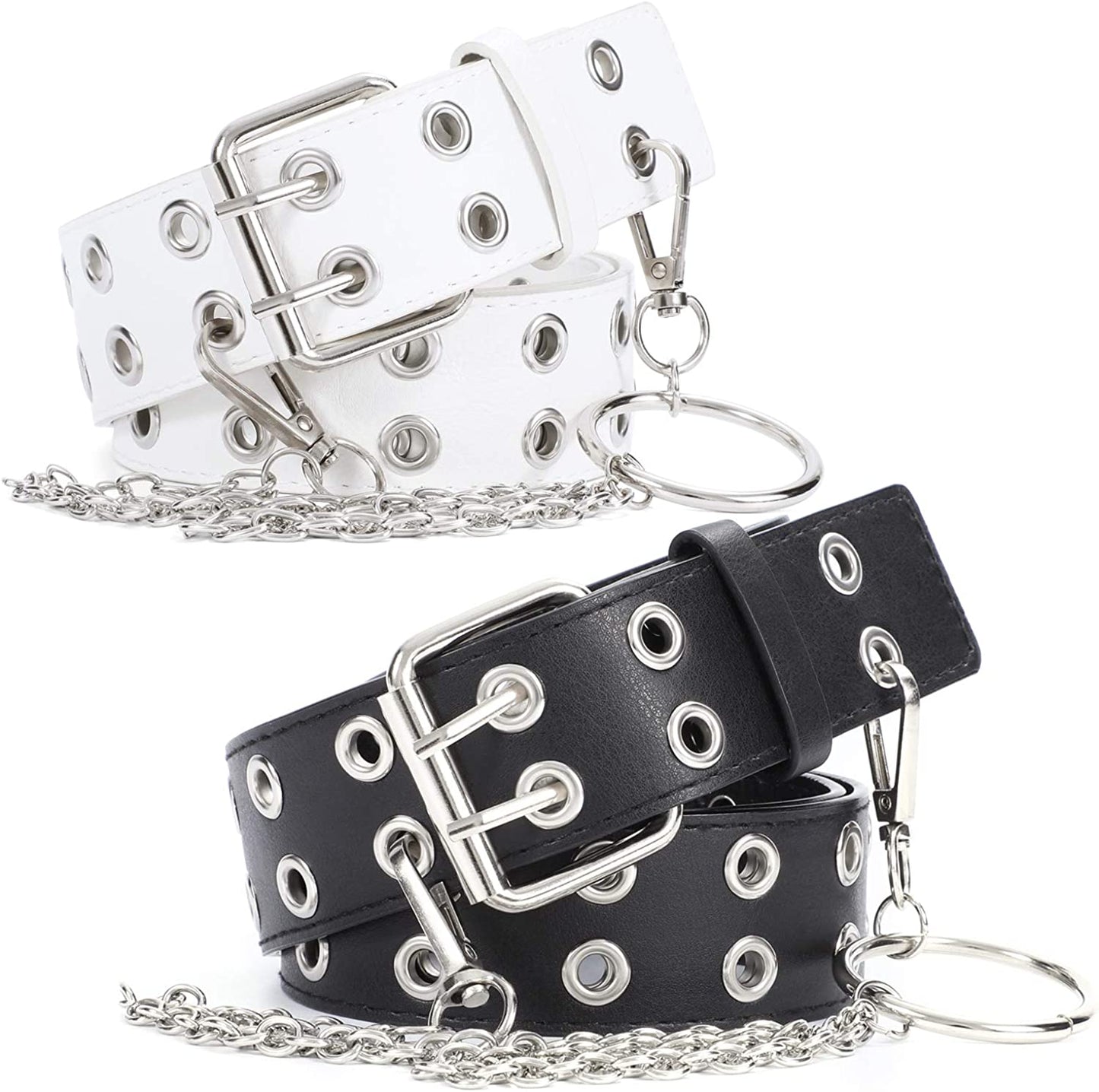 WERFORU 2 Pack Double Grommet Belt PU Leather Punk Belt for Women Jeans Apparel & Accessories > Clothing Accessories > Belts WERFORU E-black+white+chain suit for pant below 35" 