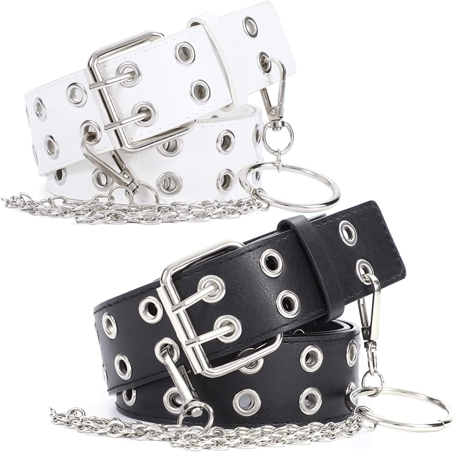 WERFORU 2 Pack Double Grommet Belt PU Leather Punk Belt for Women Jeans Apparel & Accessories > Clothing Accessories > Belts WERFORU E-black+white+chain suit for pant below 35" 