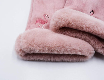 Winter Faux Chamois Suede Gloves for Women Fashion Touch Screen Warm Gloves Womens Chamois Mittens with Flamingo Embroidery Apparel & Accessories > Clothing Accessories > Gloves & Mittens Ahyapiner   