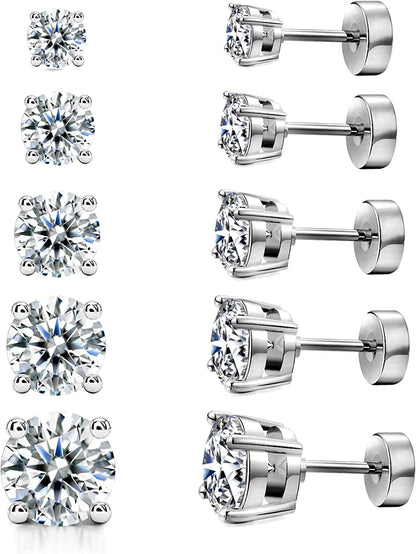 Women'S 14K Gold Plated CZ Stud Earrings Simulated Diamond round Cubic Zirconia Ear Stud Set（5 Pairs) Apparel & Accessories > Jewelry > Earrings Kainier Flatback-White Gold  
