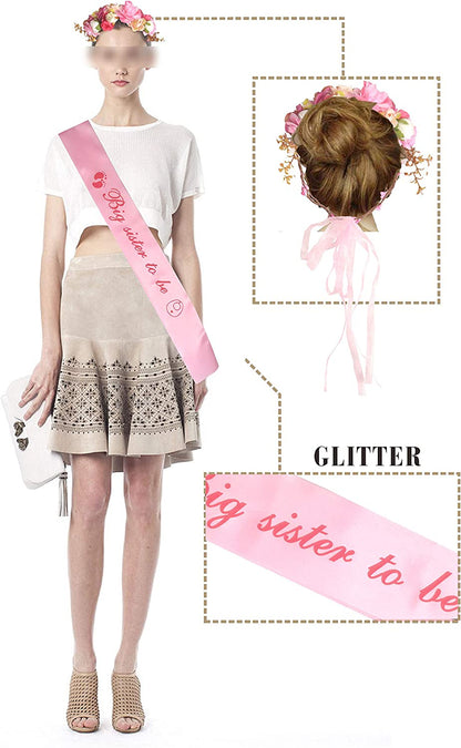 I Am Going to Be Big Sister, Big Sister Flower Crown, Sash and Pin, Daughter Get Promoted to Big Sisters Idea Gift Set, Satin Big Sister to Be for Baby Shower Sash, Big Sister Party Supplies (Pink) Apparel & Accessories > Clothing Accessories > Sashes MEANT2TOBE   