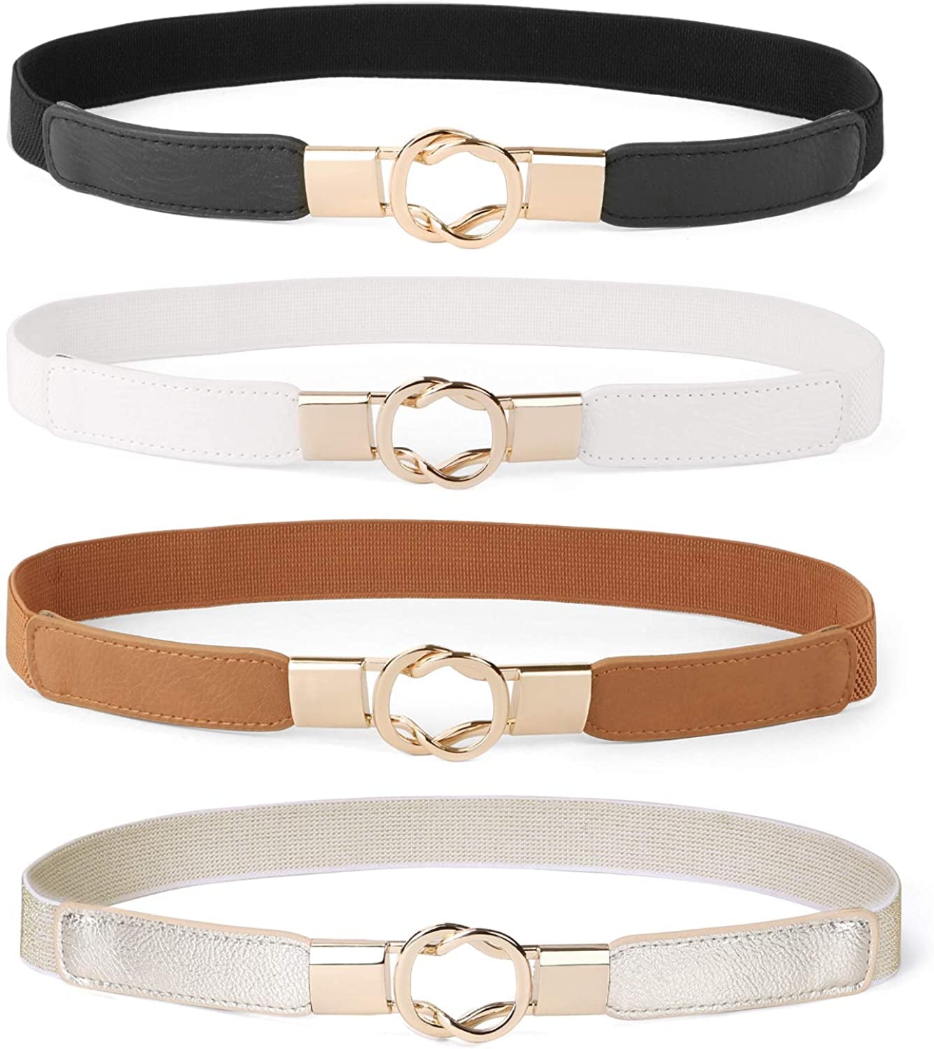 Women Skinny Belt for Dresses Retro Stretch Ladies Waist Belt plus Size Set of 4 Apparel & Accessories > Clothing Accessories > Belts WERFORU E-black+brown+white+gold Fits Waist 30"-42" 