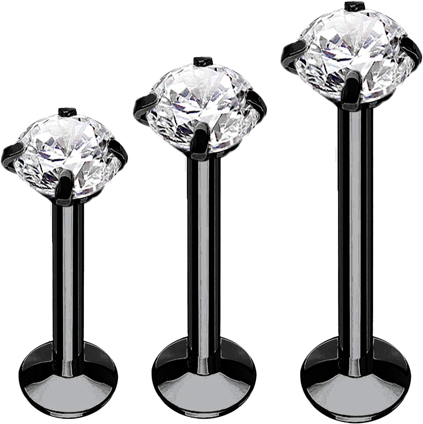 Bodyj4You 3PC Labret Tragus Stud Earrings | 16G Surgical Stainless Steel CZ Crystal | Monroe Helix Cartialge Conch Medusa Lip | Body Piercing Jewelry Set Apparel & Accessories > Jewelry > Body Jewelry BodyJ4You Black Steel, Clear CZ  
