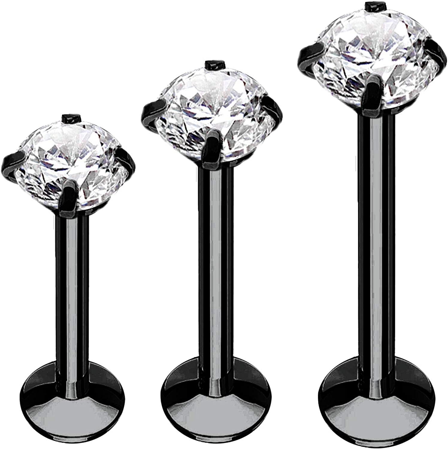 Bodyj4You 3PC Labret Tragus Stud Earrings | 16G Surgical Stainless Steel CZ Crystal | Monroe Helix Cartialge Conch Medusa Lip | Body Piercing Jewelry Set Apparel & Accessories > Jewelry > Body Jewelry BodyJ4You Black Steel, Clear CZ  