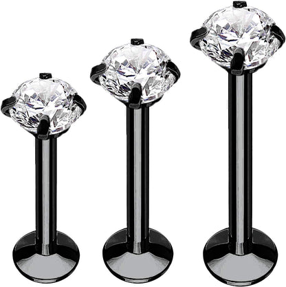 Bodyj4You 3PC Labret Tragus Stud Earrings | 16G Surgical Stainless Steel CZ Crystal | Monroe Helix Cartialge Conch Medusa Lip | Body Piercing Jewelry Set Apparel & Accessories > Jewelry > Body Jewelry BodyJ4You Black Steel, Clear CZ  