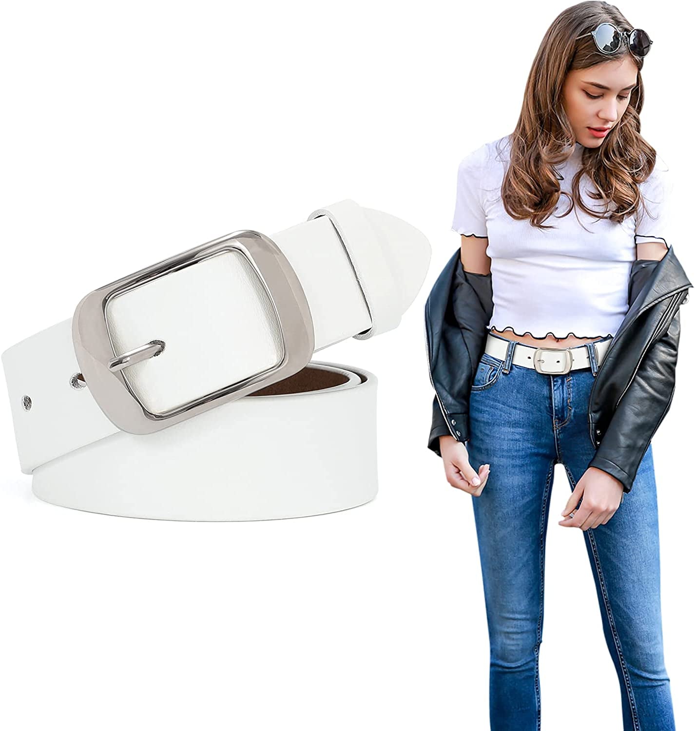 Fashion Womens Leather Belts SUOSDEY with Pin Buckle Waist Belt for Jeans Pants Apparel & Accessories > Clothing Accessories > Belts SUOSDEY 10-white With Silver Buckle X-Large: fits waist from 43"-46" 