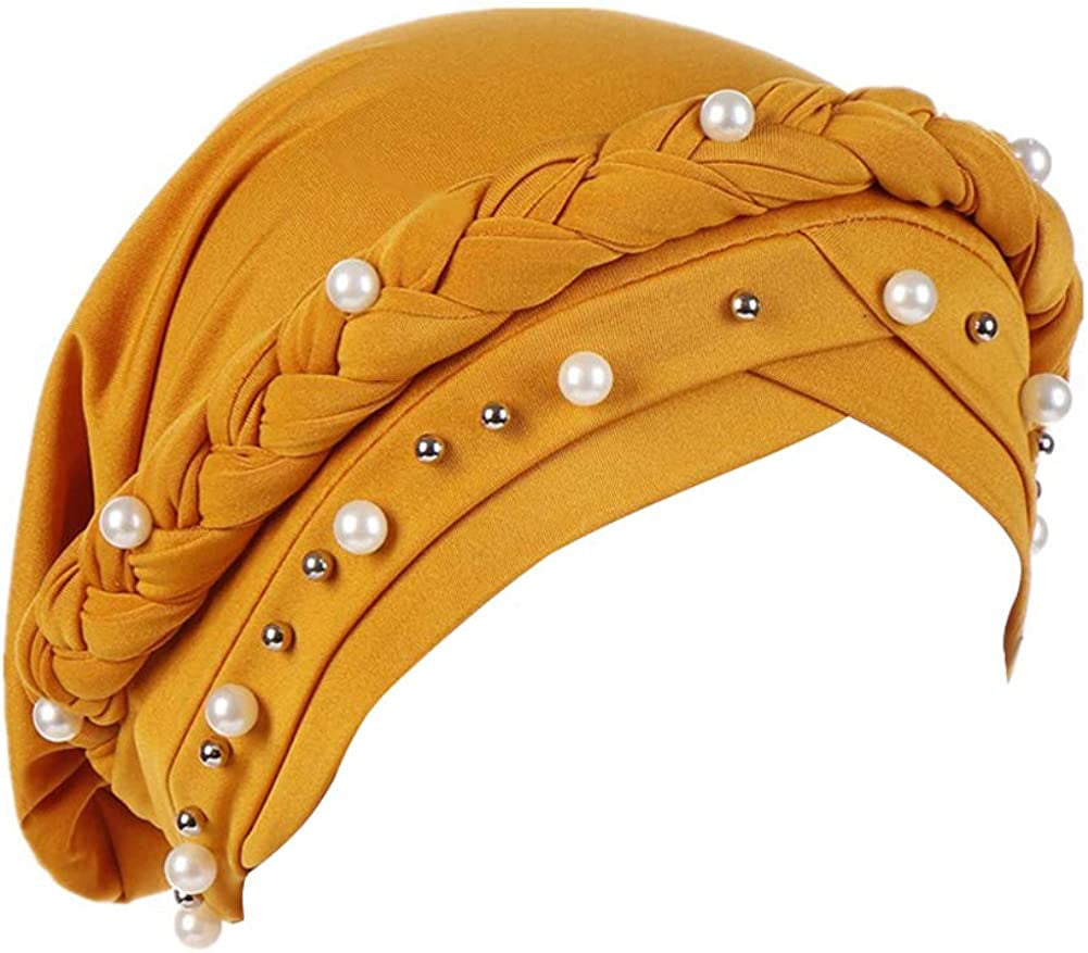 Fxhixiy Women Hijab Beading Pearl Braid Turban Hat Head Scarf Cancer Chemo Beanies Bandana Headwrap Cap Apparel & Accessories > Clothing Accessories > Headwear Fxhixiy Yellow  