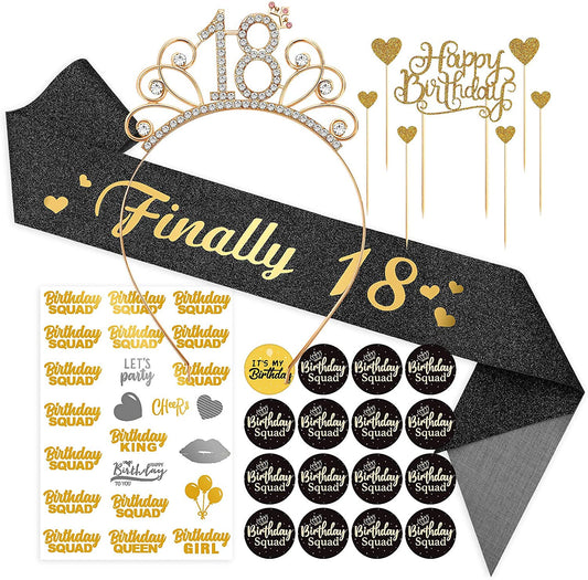 Black Birthday Sash Crowns Tiara Headband for Women - Birthday Buttons Pins Badges Gifts for Girl Birthday Party Supplies Apparel & Accessories > Clothing Accessories > Sashes ERTREE 18th Birthday  