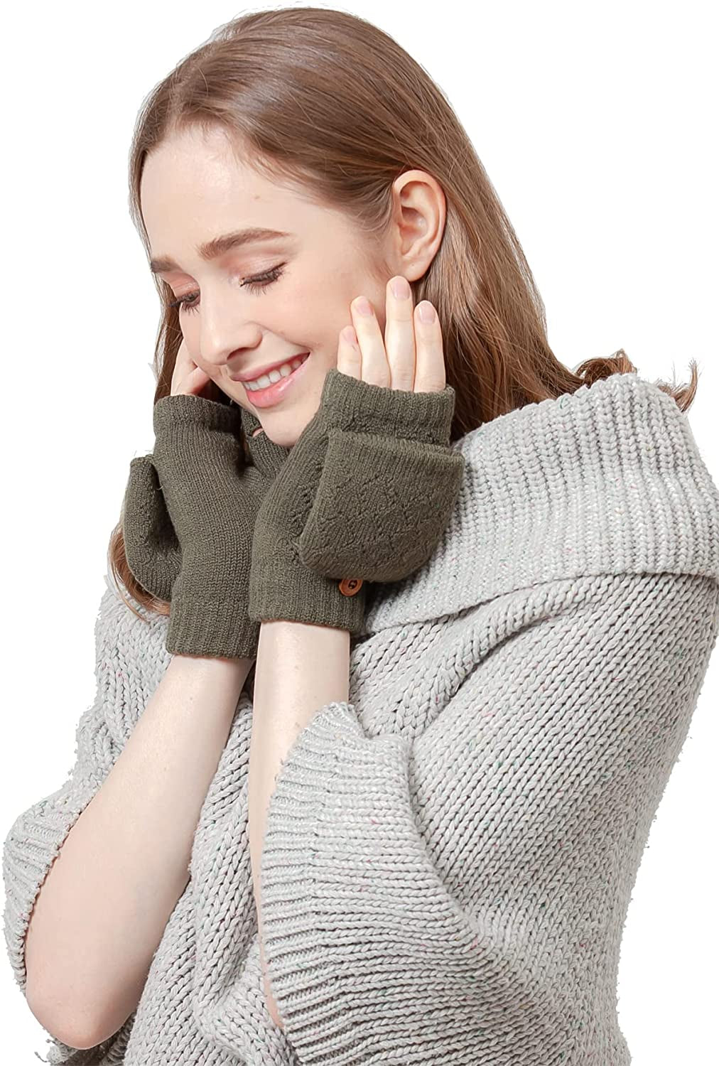 BYOS Women'S Winter Cozy Diamond Pattern Fleece Lined Flip Top Convertible Knit Gloves Mittens Apparel & Accessories > Clothing Accessories > Gloves & Mittens Be Your Own Style Olive Green  