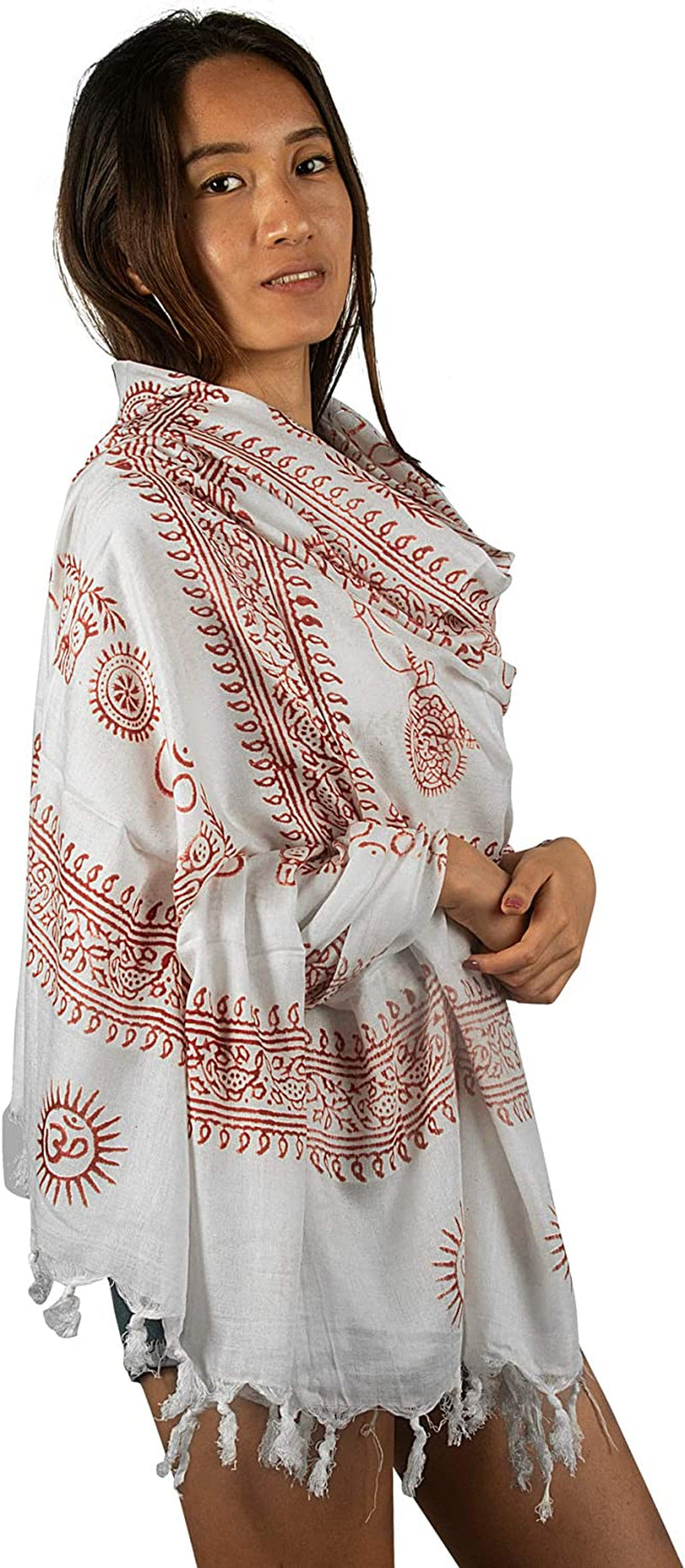 Large Om Scarf Wrap Yoga Soft Cotton Mix Hand Printed Mantra Prayer Boho Bohemian Yoga Yellow White Black & Blue (White) Apparel & Accessories > Clothing Accessories > Scarves & Shawls Tribe Azure Fair Trade   
