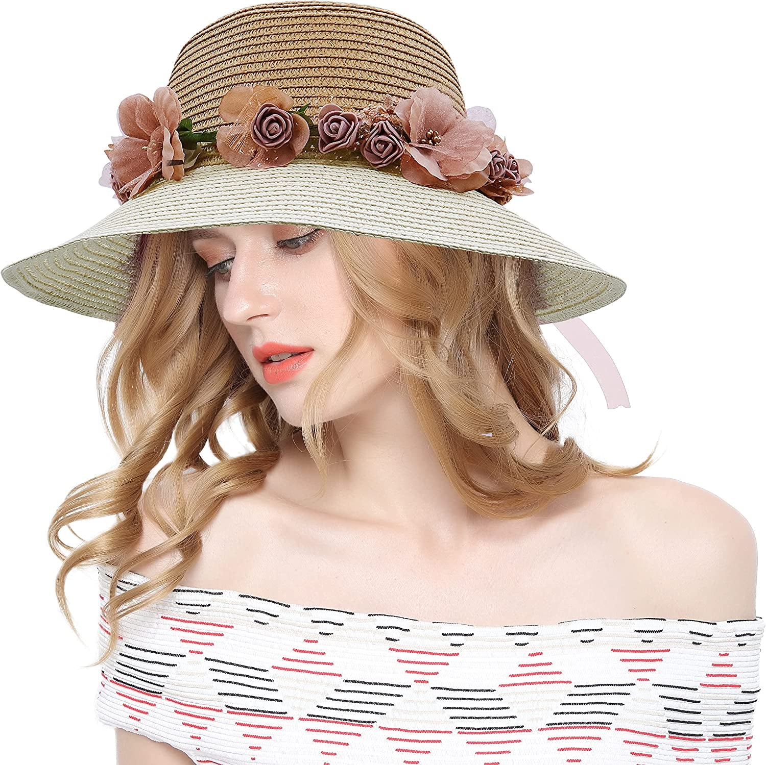 Lovful Fashion Flower Lace Ribbon Wide Brim Caps Summer Beach Sun Protective Hat Straw Hats for Women Apparel & Accessories > Clothing Accessories > Hats KYLIE MAX Khakibeige  