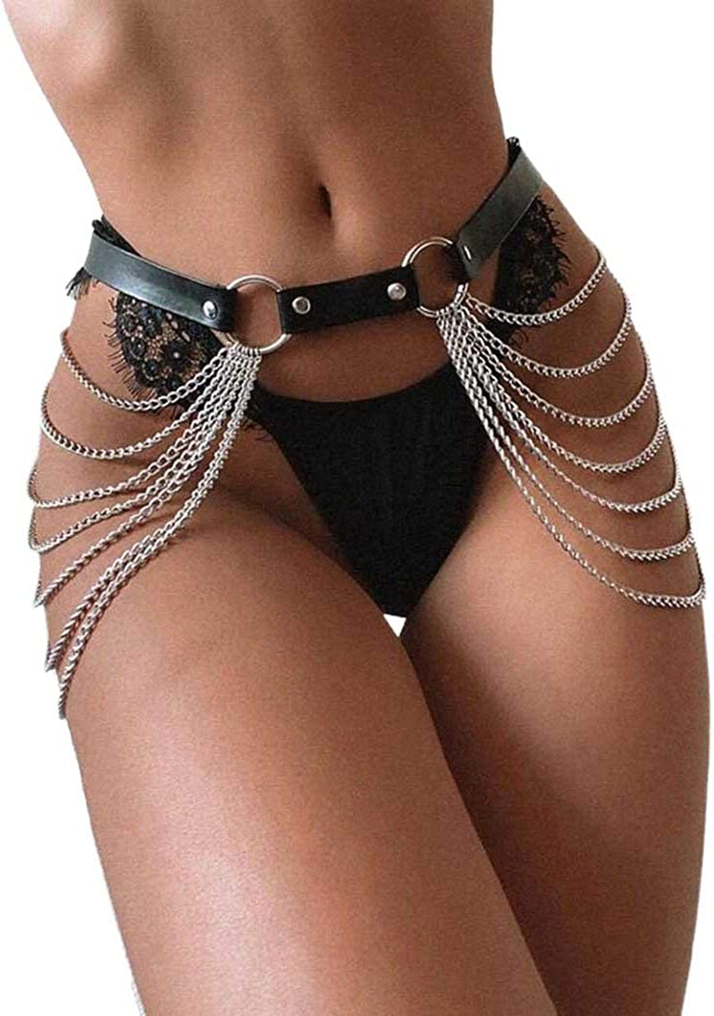 Twinklede Punk Leather Belly Waist Chain Belt Silver Layered Body Chains Festival Rave Body Chain Jewelry for Women and Girls Apparel & Accessories > Jewelry > Body Jewelry Twinklede   