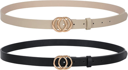 Double Ring Leather Belts for Women SANSTHS O-Style Gold Buckle Skinny Dress Belt 0.86 Inch Width for Jeans Pants Apparel & Accessories > Clothing Accessories > Belts SANSTHS M-black(gold Buckle)+beige(gold Buckle) Fit Pants Size 27-32Inch 