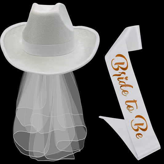Bride Cowgirl Hat with Veil & Bachelorette Sash - White Cowboy Hat for Bachelorette Party by 4E'S Novelty Apparel & Accessories > Clothing Accessories > Sashes 4E's Novelty   